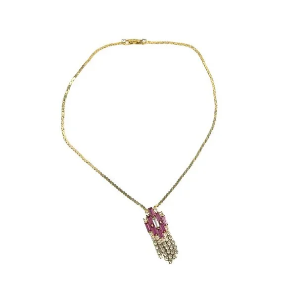 Hobe Signed 16 Choker Necklace Gold Tone Pink Retro Rhinestone Pendant